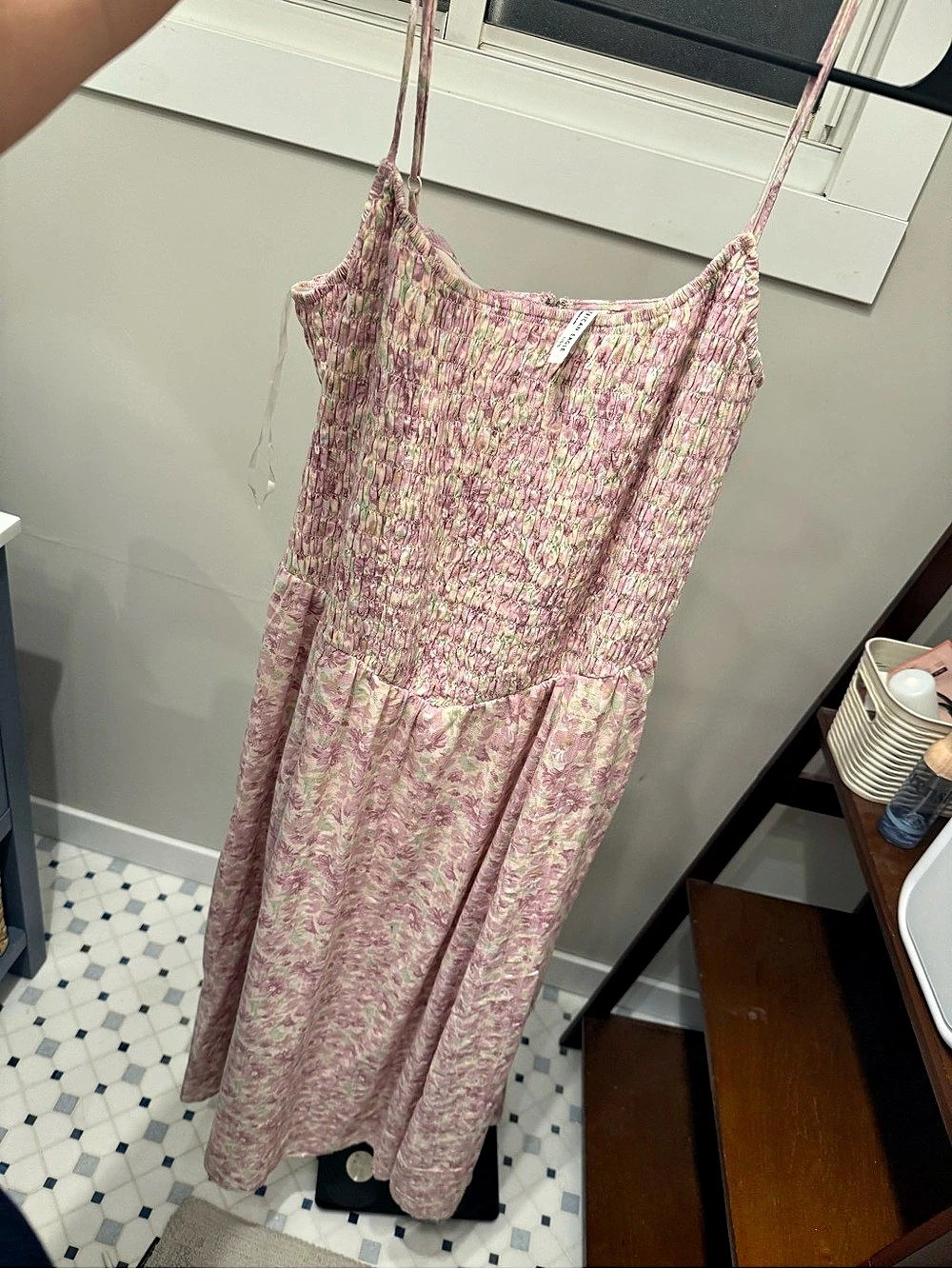 American Eagle Outfitters AE Smocked Babydoll Midi Dress Pink Floral
